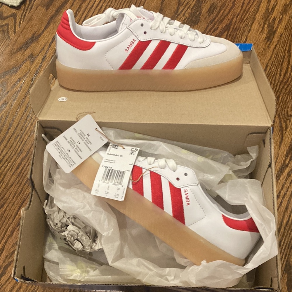 Adidas Samba - red and white, never worn. Size 6.5 female.